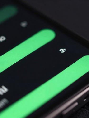Sleek dark-mode technology photography, macro device close-up showing fluid Android UI transitions, neon green ambient screen glow, shallow depth of field, 35mm