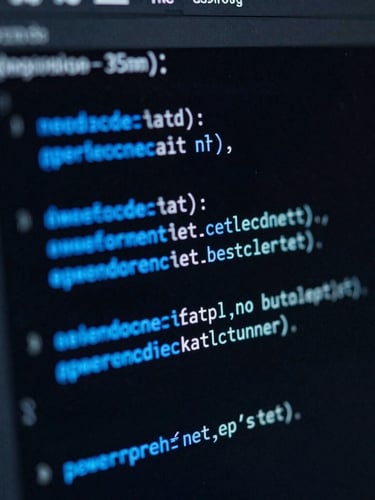 Macro close-up of clean IDE code screen with dark background and sharp electric blue syntax highlighting, focused developers workspace, 35mm
