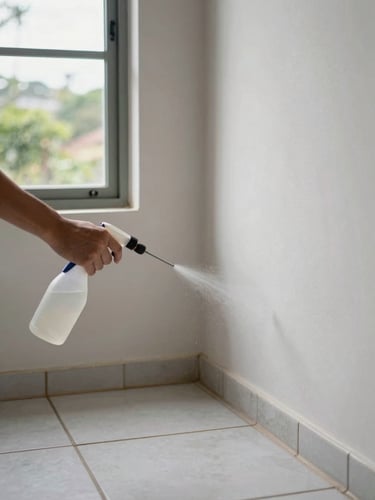 Wide environmental shot of a kitchen baseboard corner being treated with pest control spray nozzle, natural daylight from window, clear view of application point against white tile floor, Salvador Brazil residential interior