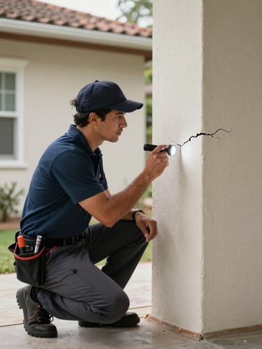Pest control technician crouching at exterior foundation corner of a Salvador house, inspecting crack in wall with a flashlight, natural daylight, tools visible on belt