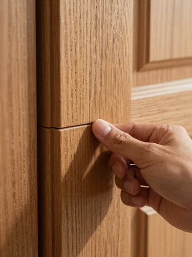 Extreme close-up of a thick solid oak door stile under raking north-light, hand-cut mortise joint visible at left edge, wood grain running diagonally across the frame, a craftsman's thumb pressing the joint flush — textured and tactile, no tools in frame except the hand