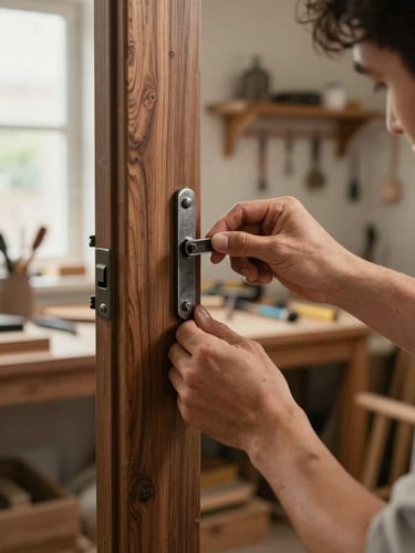 Hands of a craftsman fitting iron hardware onto a solid walnut door edge, cross-light from a workshop window catching the grain and the iron surface, bench tools blurred in background