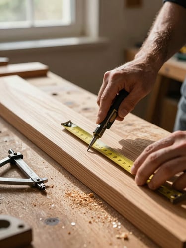 Close-up of hands measuring a thick oak door stile on a workbench, cross-light from a north-facing window raking across the grain, a steel marking gauge resting beside the wood, sawdust visible on the bench surface