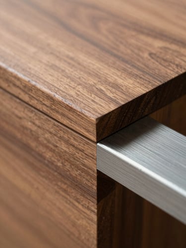 Extreme close-up of the junction between hand-planed walnut and a cold-rolled steel flat bar, cross-light from the left revealing grain direction and the precision of the routed channel, surface imperfections honest and unretouched, warm natural north-light studio