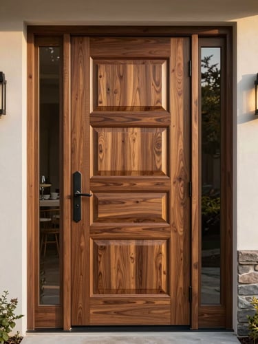 An installed exterior door in a residential entryway viewed at eye level from outside — solid walnut with visible hand-cut panel detail, golden hour side-light catching the grain texture and iron hardware
