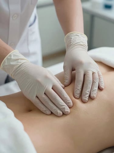 Close-up of clinician's hands performing precise palpation on a patient's lumbar region, neutral clinical room lighting, white examination table visible, medical gloves, clean environmental context, no patient face visible