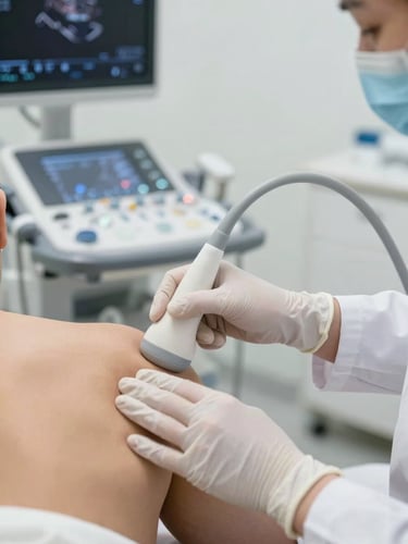 Wide environmental shot of a clinical examination room, hands of a clinician positioning an ultrasound probe on a patient's shoulder joint, neutral clinical overhead lighting, medical-grade equipment visible in background, clean white surfaces, no patient face visible, close-up framing of the gloved hands and transducer contact point