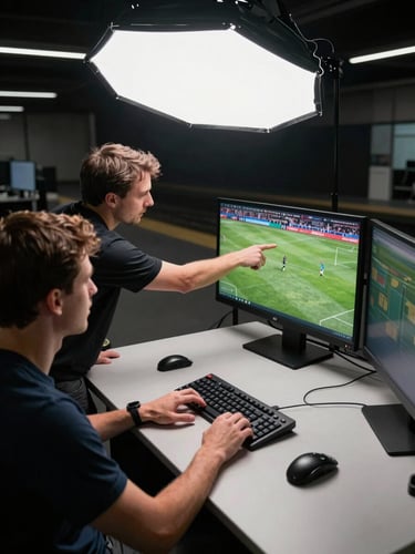 Overhead coaching perspective of two players at adjacent stations, a coach standing behind them pointing at a monitor displaying match footage, high-contrast studio lighting from above, dark facility environment, broadcast-quality framing, hands visible on keyboards