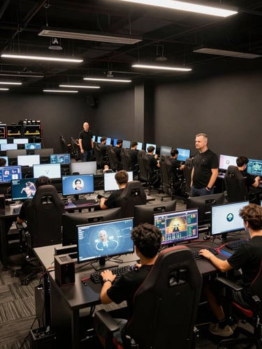 Wide panoramic shot of a multi-station esports training facility interior, coaches standing behind seated players at illuminated monitor arrays, overhead broadcast-style lighting casting high-contrast pools on workstations, dark walls, the room stretching left with equipment visible in the background, no players celebrating — all subjects focused on screens, environment wide shot emphasizing facility scale and operational discipline
