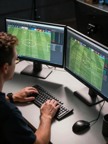 Close overhead angle of a coaching staff member at a dual-monitor station reviewing match data, hands resting on keyboard, studio broadcast lighting overhead casting sharp shadows across the desk surface, dark background, player performance metrics visible on screen but unreadable at this distance