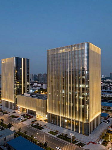 High-angle panoramic architectural view of a modern civic infrastructure project at blue hour, sharp gold lighting accents, minimalist framing.