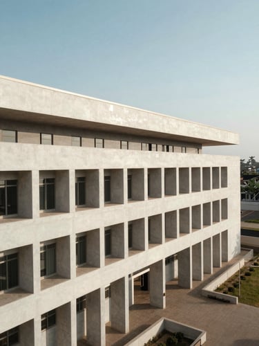 High-angle architectural view of a modern civic government building in Abuja, clean sharp concrete lines, crisp low-sun morning light, premium minimalist framing.