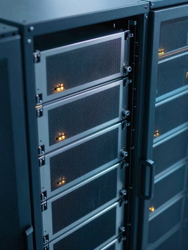 High-angle environmental view of a clean-room server environment with cool blue light reflecting off sleek metallic server racks and warm gold indicator lights.