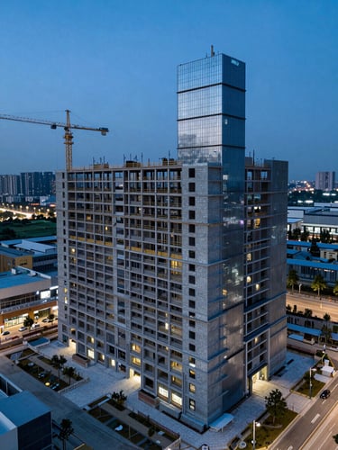 High-angle architectural view of a modern civic infrastructure development during blue hour, crisp structural lines, cool lighting.