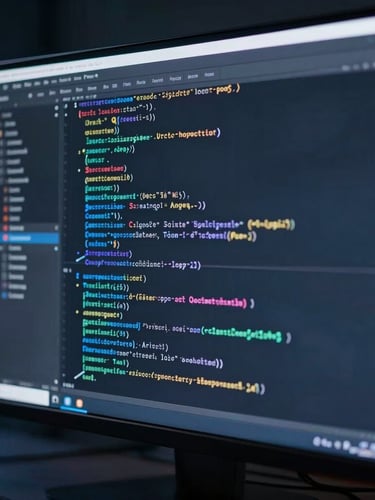 Sleek dark-mode technology photography, macro close-up of developer analyzing complex system architecture code on a vertical monitor, cool blue and silver backlights, sharp focus.