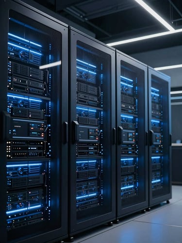 Sleek dark-mode technology photography of modern architectural lines of a secure data center hub with cool blue backlights, sharp focus, 35mm lens, neon accents.