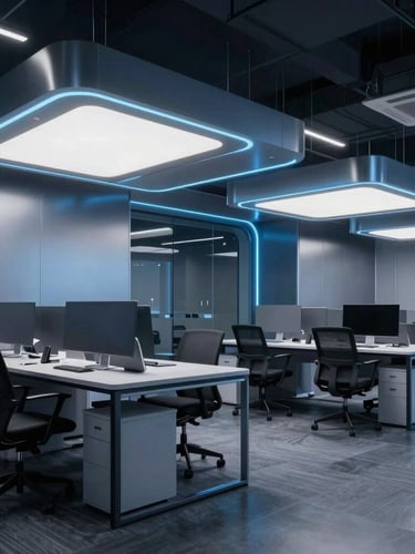 Sleek dark-mode technology photography of a modern Hyderabad tech hub office, cool blue and silver studio lighting, sharp focus
