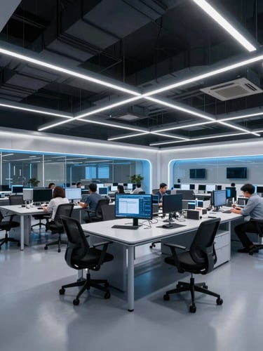 Wide-angle environmental shot of a collaborative modern engineering space in Hyderabad, cool blue and silver studio lighting, clean architectural lines, professional atmosphere.