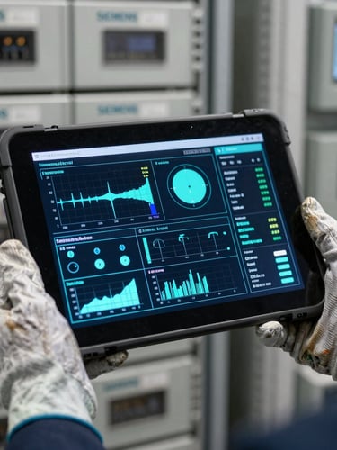 Macro shot of a rugged industrial tablet displaying active cyan telemetry charts and data dashboards, held by an engineer wearing safety gloves, with a softly blurred background of clean Siemens PLC racks.