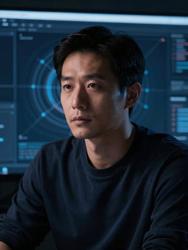 Portrait-oriented, high-end editorial photograph of a professional creator in a focused studio setup, cool low-key lighting, deep blue and obsidian tones, with a subtle digital interface overlay in the background. The creator is looking slightly off-camera, conveying deep thought.