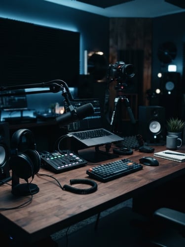 Cinematic wide shot of a professional creator studio, low-key moody lighting with cool blue ambient fills, high-end microphone and camera gear on desk, shallow depth of field