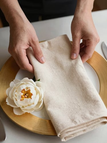 Close-up editorial overhead of gloved hands precisely placing a folded ivory linen napkin onto a champagne gold charger plate, a single white peony blossom resting at the edge, warm diffused studio light, tight composed framing on the table surface