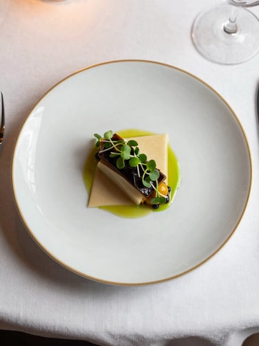 Close overhead crop of a single plated fine-dining course — geometric sauce detail, microgreens, gold-rimmed porcelain on white linen, warm diffused studio strobe light, no utensils in frame