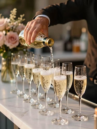 Tight portrait shot of a bartender's hands pouring champagne into a row of crystal flutes on a white-draped bar, warm golden-hour light catching the bubbles, blush floral accent in the background