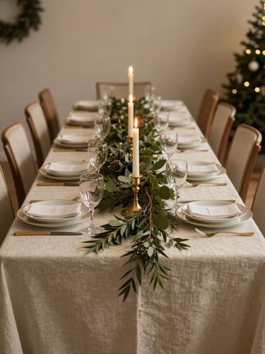 Wide environmental shot of a festive holiday dinner table, deep cream linen, gold candlesticks, rich seasonal greenery running the table length, warm golden strobe light, empty chairs, no people