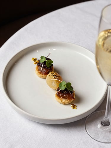 Close overhead 45-degree angle of a plated gourmet appetizer course on ivory porcelain, microgreens and edible gold flake accent, champagne glass edge entering the right frame, warm diffused studio strobe light, white linen surface beneath