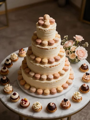 Overhead 45-degree crop of a luxury dessert table — tiered cake, macarons, petit fours arranged on white marble with soft blush florals, warm diffused studio strobe light, no hands or people