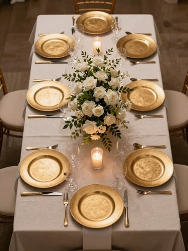 Overhead 45-degree angle of a formal wedding reception table — ivory linen, tall white floral centerpiece, gold-rimmed charger plates, warm studio strobe light diffused softly across the setting
