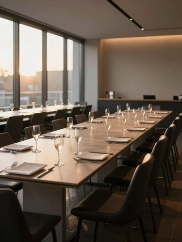 Wide environmental shot of a sleek corporate event dining room, long rectangular tables with minimalist place settings, champagne glasses catching warm golden window light from the left, no guests present