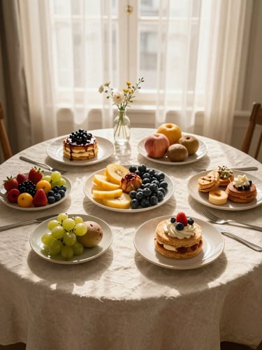 45-degree overhead shot of a brunch spread on a cream linen table — seasonal fruit, layered pastries, small bud vases, golden morning window light diffused through sheer curtains, no people
