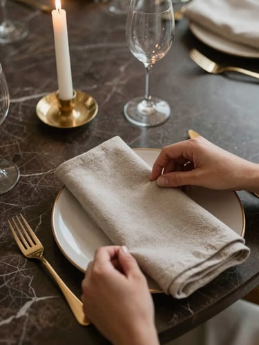 Close overhead crop of a styled private dinner table — dark marble surface, single long taper candle, hands adjusting a linen napkin fold, warm diffused studio light, champagne gold flatware detail