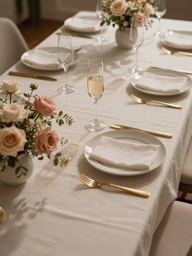 Tight editorial overhead of a fully dressed luxury dinner table — champagne flutes, blush florals low in frame, ivory linens, gold flatware precisely aligned — warm diffused studio light casting soft shadows, no guests, table shot from a slight 45-degree angle
