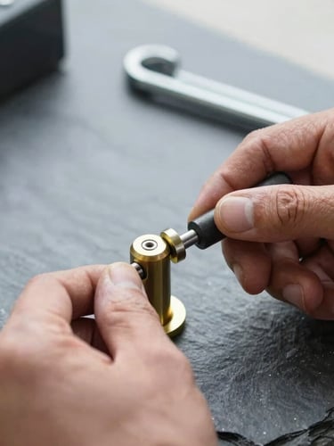Close-up of a professional locksmith's hands using specialized tension tools on a residential brass lock cylinder, natural overcast daylight, cool slate tones, shallow depth of field, 35mm documentary style