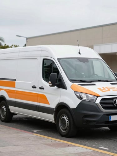 Wide environmental shot of a clean, branded service van parked on a local street under overcast daylight, cool slate tones with safety-amber decals.