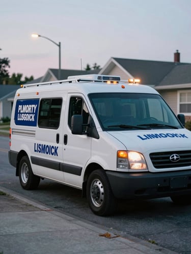 A clean, branded local locksmith service vehicle parked on a quiet North American neighborhood street at dusk under streetlamps, cinematic cool tones with amber headlights, 35mm