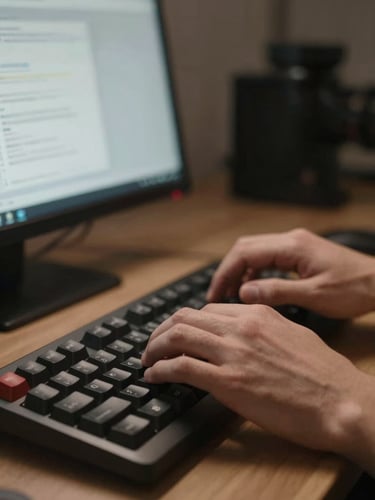 Close-up of hands on a mechanical keyboard in a dim office, fingertips mid-keystroke, a second monitor showing a browser inspector panel blurred in the background, warm-to-neutral lighting, desaturated warm tones, shallow depth of field