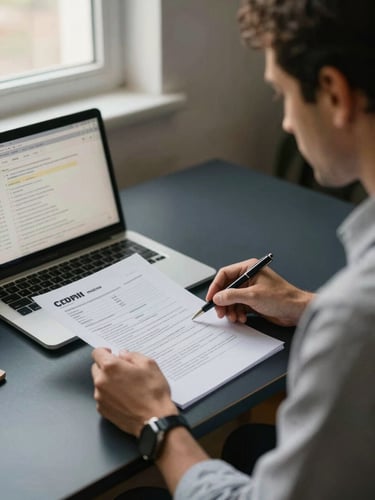 Medium-shot documentary candid of a founder seated at a desk reviewing printed compliance documents and a credit report, pen in hand pointing to a specific line item, warm office daylight from a window to the left, dark navy desk with a laptop open showing a CIBIL score dashboard, desaturated warm tones, no eye contact with camera