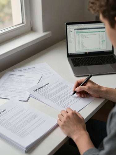 Wide documentary shot: founder seated at a desk reviewing printed compliance documents and a laptop screen showing a financial dashboard, warm desaturated office daylight from a left-side window, pen in hand mid-notation, full desk visible with stacked papers, no face directly visible — medium-wide framing emphasising the workspace and operational depth