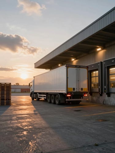 Wide environmental view of an industrial loading dock before sunrise, a single cargo truck backed against the bay, amber dock lights casting long shadows across concrete, overcast sky visible through open bay doors, pallets stacked to the left frame