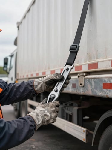 Close-up of a logistics worker's hands securing cargo straps on a fully loaded flatbed truck in an overcast freight yard, worn work gloves, heavy-duty ratchet hardware, asphalt visible below