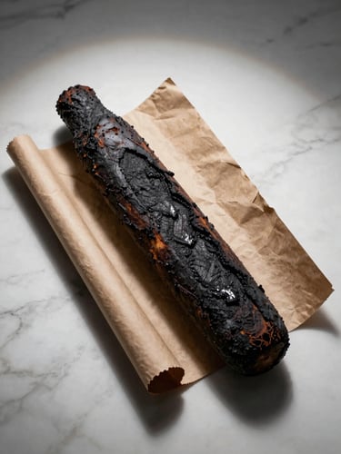 Overhead flat-lay on white marble: a finished gigot bitume with its dark scorched exterior, the kraft paper partially unwrapped at one end revealing charred surface, harsh studio strobe light from above, deep shadow contrast, no garnish, purely documentary
