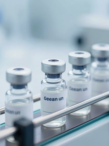 Macro close-up of sterile pharmaceutical vials on a conveyor belt, cleanroom environment, high-key sterile lighting, 35mm lens, cool blue tones.