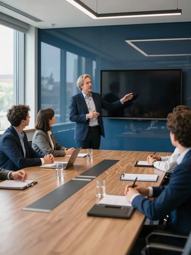 Wide environmental shot of a sales professional mid-presentation in a glass-walled boardroom, gesturing toward a screen, colleagues listening, natural north-facing daylight flooding from the left, deep blue office tones
