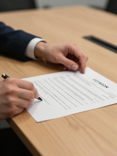 Close-up on hands reviewing a printed deal summary on a conference table, a second person's sleeve visible across the table, warm studio lighting with a shallow depth of field, professional office setting