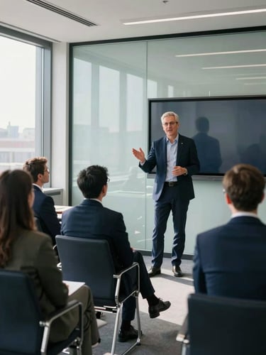 Wide environmental shot of a sales professional mid-presentation in a glass-walled boardroom, gesturing toward a large screen, colleagues attentive, natural north-facing daylight flooding from the left, deep navy chairs in foreground, subject placed right of center with open space to the left