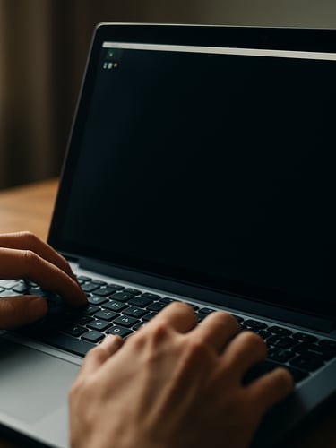 Close-up of a laptop screen showing a sparse terminal interface, hands resting on keyboard, natural window light from the left, shallow depth of field on the code output